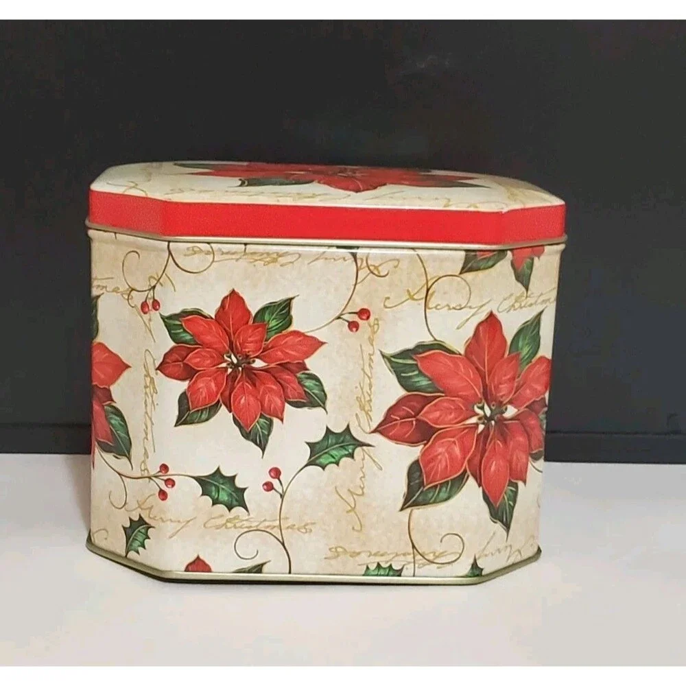 Octagon Christmas Tin Poinsettia Gift Small Metal Storage Box Clean Gold Inside